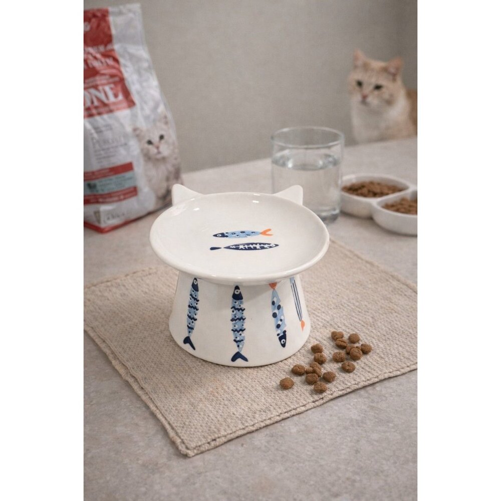 New MCM Blue Orange Sardines Fish Ceramic Cat Shaped Head Pedestal Food Bowl